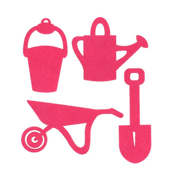 Abbildung von Gartengeräteformen: Eimer, Gießkanne, Schubkarre und Schaufel