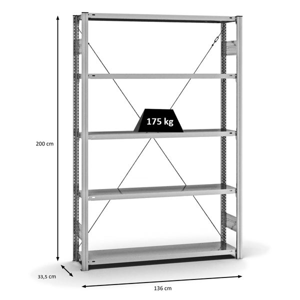 PROREGAL Fachbodenregal Stecksystem T-Profil Light-Duty Grundregal HxBxT 200 x 130 x 30 cm 5 Ebenen Fachlast 175 kg Einseitig Nutzbar Verzinkt
