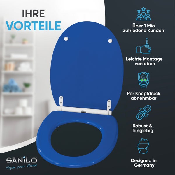 Sanilo Logo, blauer Toilettensitz mit Deckel und Icons: viele Kunden, Montage von oben, abnehmbar, robust, langlebig, deutsches Design.