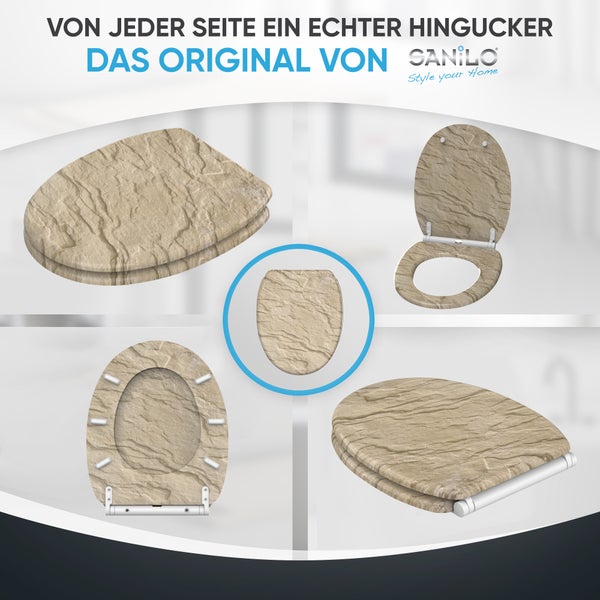 Toilettensitz von Sanilo mit Stein-Optik in verschiedenen Ansichten von oben, unten und der Seite sowie Sanilo Logo.