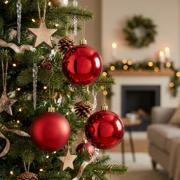 Geschmückter Weihnachtsbaum mit roten Weihnachtskugeln, Holzsternen und Tannenzapfen vor einem gemütlichen Kamin im Wohnzimmer.