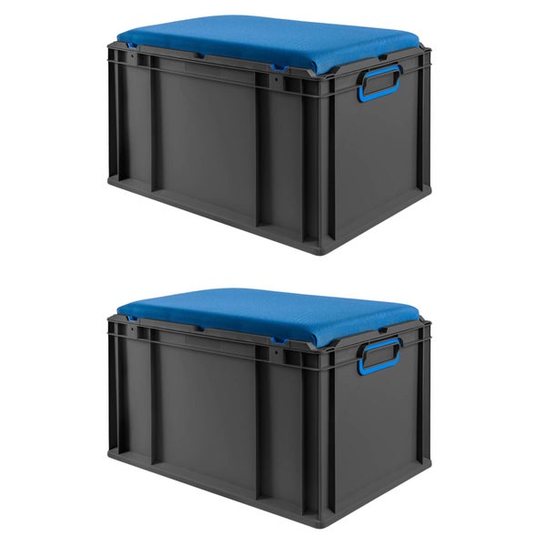 Zwei graue Euroboxen mit blauen Polsterdeckeln
