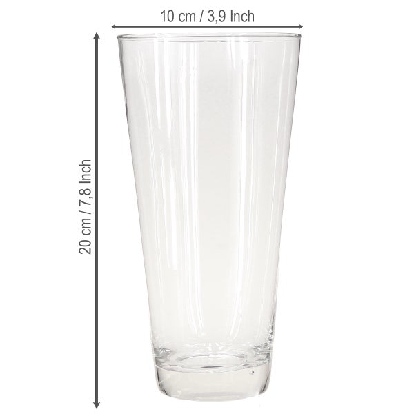 Konische Glasvase aus transparentem Glas, Höhe 20 Zentimeter, oberer Durchmesser 10 Zentimeter.