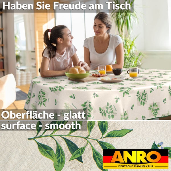 Tischszene mit Mutter und Tochter an einem runden Tisch mit glatter Tischdecke mit Kräutermuster sowie Anro Deutsche Manufaktur Logo