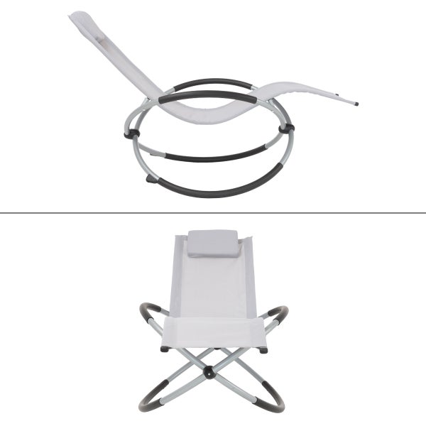 Zwei Ansichten eines grauen Schaukelstuhls mit Stahlrahmen und Nackenstütze