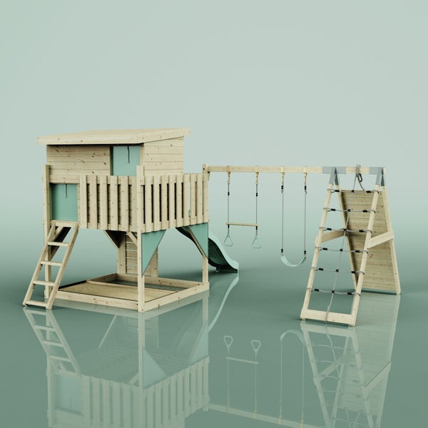 OutdoorToys Spielturm Aksel aus Holz in Grün Trapezstange