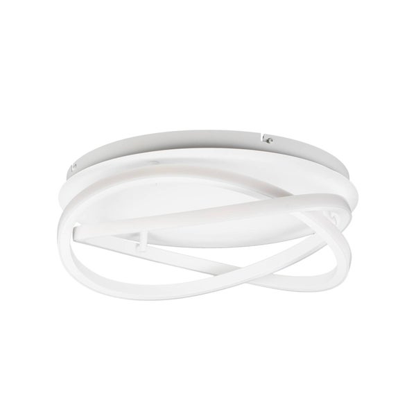 Moderne LED-Deckenleuchte mit ineinander verschlungenen weißen Ringen auf einem runden Sockel.