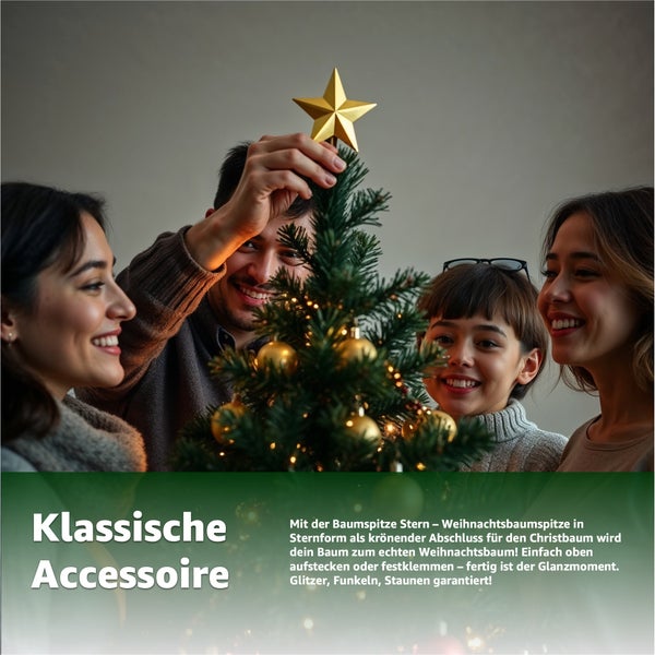 Familie schmückt Weihnachtsbaum mit Baumspitze in Sternform