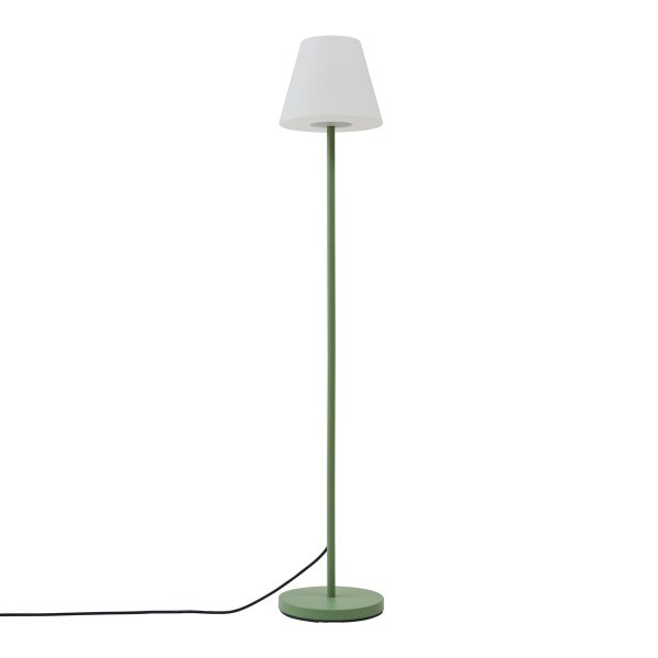 Moderne Stehleuchte mit grünem Gestell, rundem Standfuß und weißem kegelförmigem Schirm.