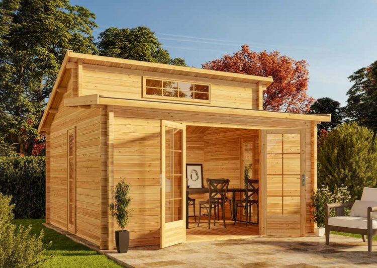 Alpholz Gartenhaus Lausitz ISO - Blockhaus mit Doppel-Pultdach, Massivholz Blockhütte - Mit Imprägnierung (Pinie), 70 mm Wandstärkre