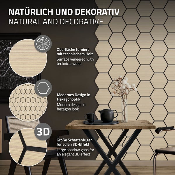 ML-Design 2er Set Akustikpaneele 66x81x2cm für 1m² – Eiche, MDF Akustikplatten in Hexagon-Holzoptik, Wandpaneele zur Schalldämmung, Wandverkleidung für Büro, Studio, Schallschutz & Akustikbehandlung