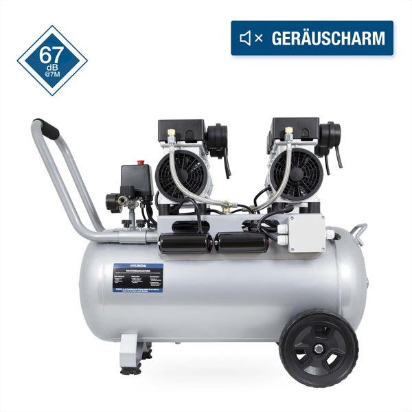 Hyundai geräuscharmer Kompressor in Grau mit zwei Motoreinheiten und Rädern, Schallpegel 67 Dezibel in 7 Metern Entfernung.