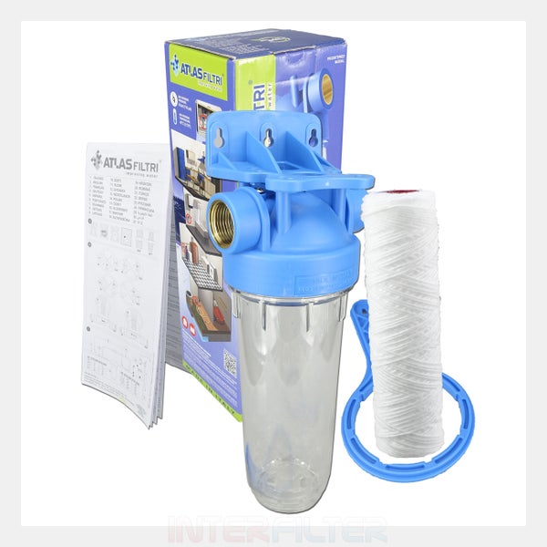 Atlas Filtri Wasserfilter Gehäuse mit Wandhalterung, Filtereinsatz und Montageschlüssel, inklusive Verpackung und Bedienungsanleitung.