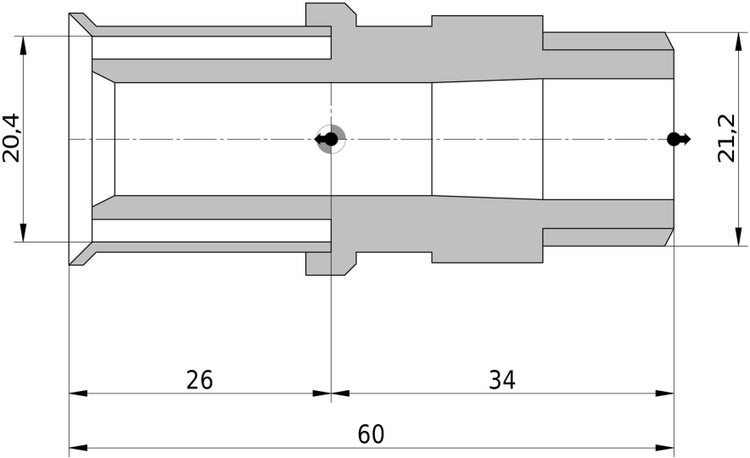 Technische Zeichnung eines Rohrverbinders mit Maßangaben in Millimeter: Gesamtlänge 60, Innendurchmesser 20,4 und 21,2.