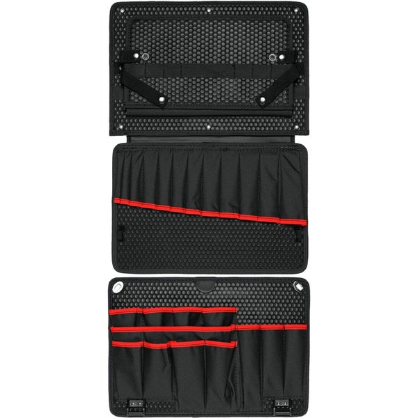 Dreiteiliges Set schwarzer Werkzeugtafeln für Werkzeugkoffer mit roten Akzenten, elastischen Schlaufen und verschiedenen Einsteckfächern.
