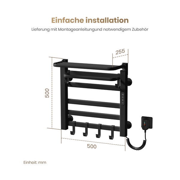 Elektrischer Handtuchheizkörper in Schwarz mit Ablage und Haken, Maße 500 mal 500 Millimeter, Tiefe 255 Millimeter, mit Digitalanzeige und Stecker.