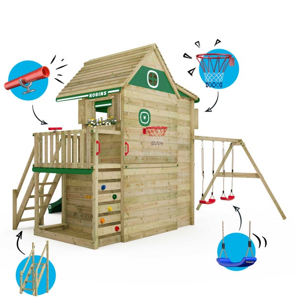 WICKEY Stelzenhaus Smart ArtHouse mit Schaukel und Rutsche,integriertem Sandkasten und großem Spielhaus mit massiver Treppe mit Handlauf, Fenstern, Rollos und Blumenkasten -  grün