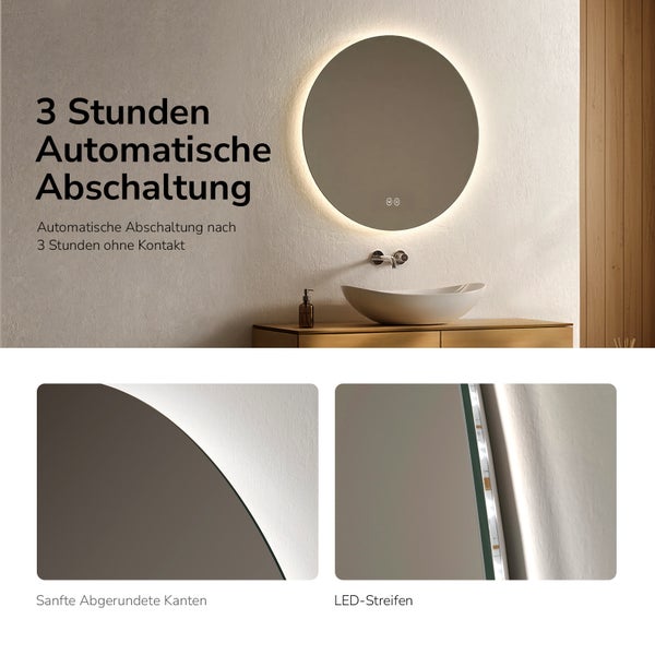 Runder LED-Badezimmerspiegel mit Hintergrundbeleuchtung, 3 Stunden Abschaltautomatik, abgerundete Kanten und Detailansicht des LED-Streifens.