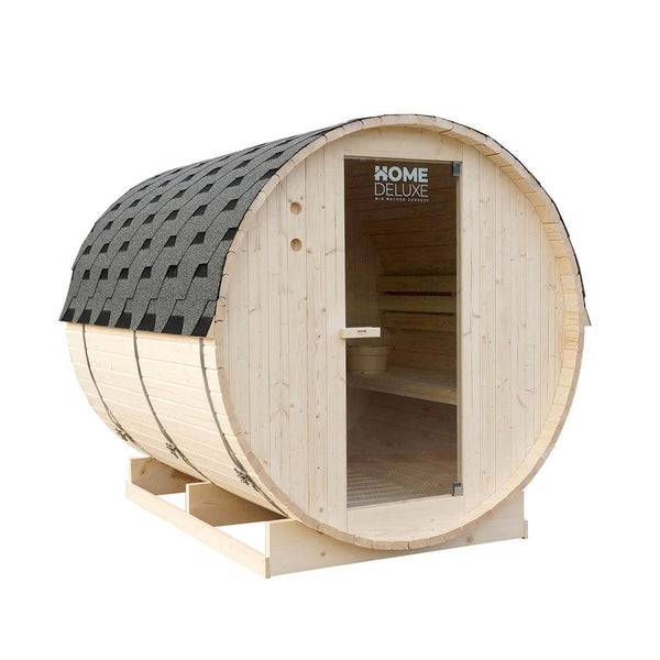 Fasssauna aus Holz mit Glastür und Home Deluxe Logo für den Gartenbereich zur Entspannung.