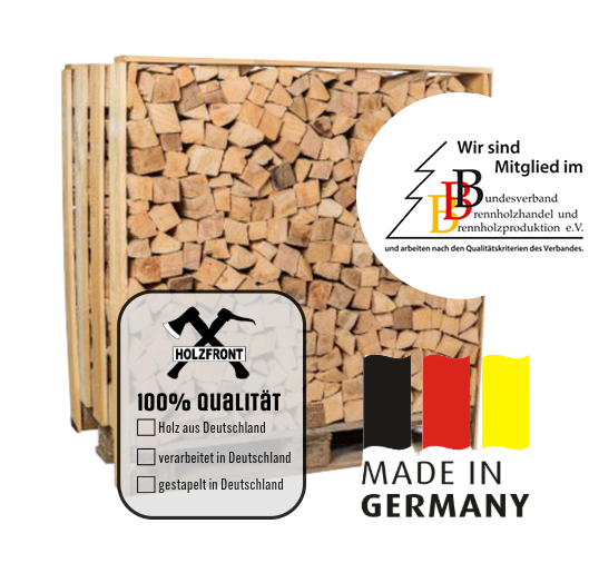 Gestapelte Palette mit Kaminholz aus deutscher Produktion vom Bundesverband Brennholzhandel und Brennholzproduktion Mitglied Holzfront.