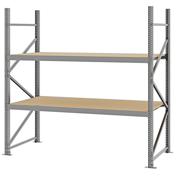 Weitspannregal mit zwei Holzböden und robustem Metallrahmen für Werkstatt und Lager.