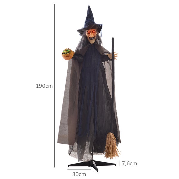 HOMCOM 190cm Halloween Dekoration Halloween-Hexe mit LED-Lichter, Soundfunktion, Haustür Deko mit verstellbare Arme, Garten Dekofigur in Lebensgröße für Party