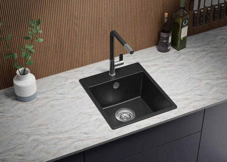 PRIMAGRAN Spülbecken Alles Schwarz 38x44cm, Granitspüle 1 Becken + Ablauf-Set, Küchenspüle ab 40er Unterschrank - Riga Easy