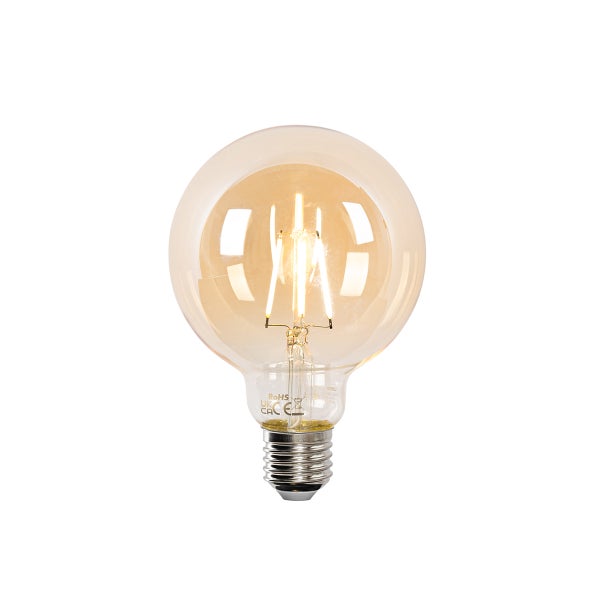 LED-Filament-Leuchtmittel Globe mit E27-Sockel und bernsteinfarbenem Glas.