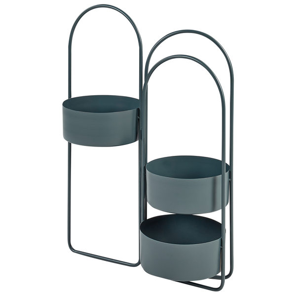 Dekorativer Blumenständer aus Metall mit drei runden Pflanzschalen und bogenförmigem Rahmendesign zur Aufbewahrung von Zimmerpflanzen.