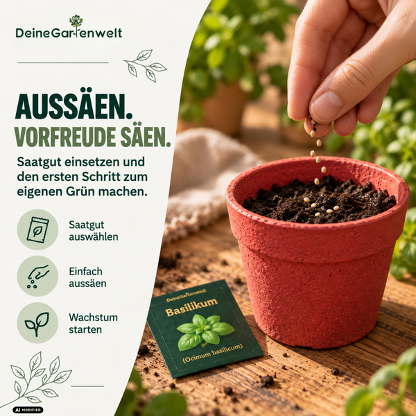 Deine Gartenwelt Adventskalender mit 24 Überraschungen für Blumen, Kräuter und Gemüse, inklusive Samentütchen und Zubehör in weihnachtlicher Szene.