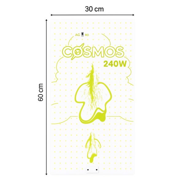 Rechteckiges Paneel COSMOS 240 Watt mit 60 Zentimeter Höhe und 30 Zentimeter Breite. Inklusive AGRO Logo und Pflanzengrafik.