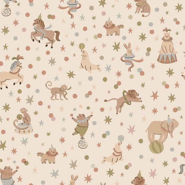 Tapete mit Zirkustier Motiven wie Elefant, Löwe, Affe und Robbe mit Sternen und Punkten fuer Kinderzimmer