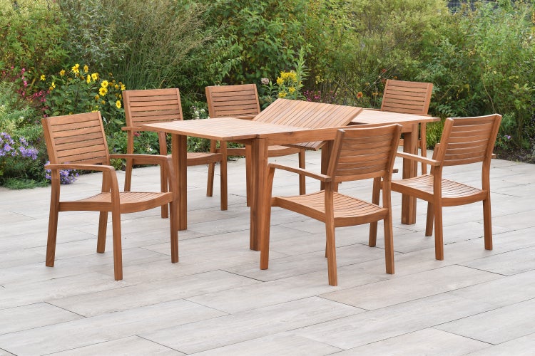 Batavia Set 7tlg., 6 Stapelsessel, Ausziehtisch 150 (200) x 90 cm, Akazie