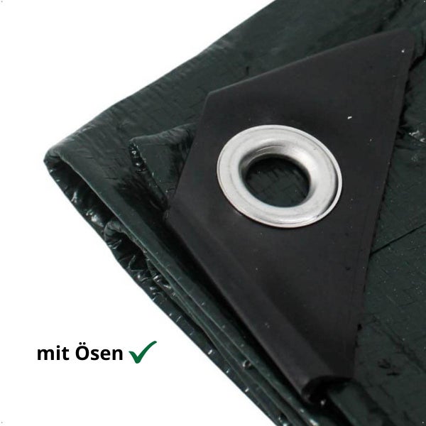 Detailansicht einer Gewebeplane mit verstärkter Ecke und Metallöse zur Befestigung