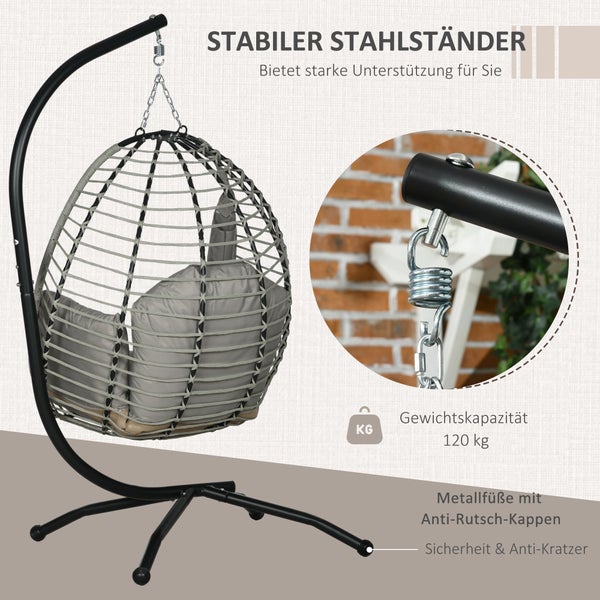 Hängesessel mit stabilem Stahlständer, Federaufhängung, Metallfüßen mit Anti-Rutsch-Kappen und einer Gewichtskapazität von 120 Kilogramm.