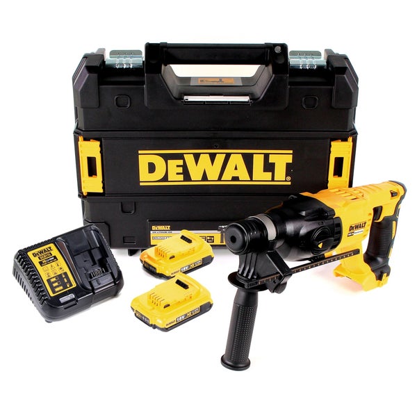 DeWalt Akku-Bohrhammer-Set mit Akku-Bohrhammer, zwei 18 Volt Akkus, Ladegerät und Transportkoffer.