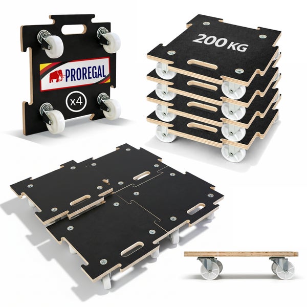 Vierteiliges Set Transporthilfen von Proregal aus Holz mit jeweils vier Lenkrollen, koppelbar, Traglast 200 Kilogramm pro Rollbrett.