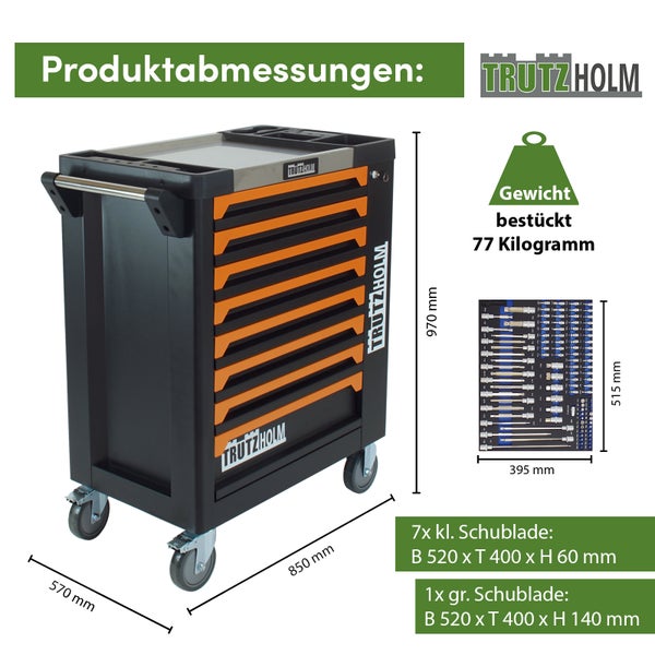Werkstattwagen 249 tlg. bestückt 97 x 85 x 46 cm  Werkzeugwagen Werkzeugorganisation in orange