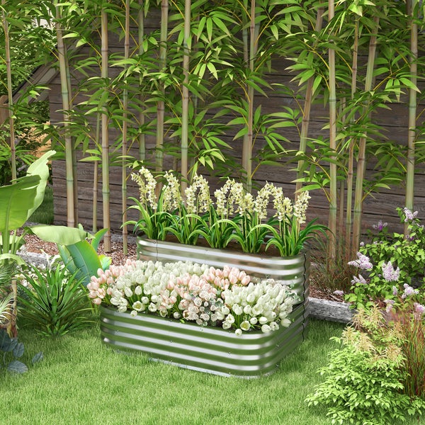 Outsunny Hochbeet Metall, 2-Stufiger Blumenkasten, Pflanzkasten, Gemüsebeet mit Schrauben, Kräuterbeet für Garten, Balkon, Silber, 118 x 45 x 30 cm