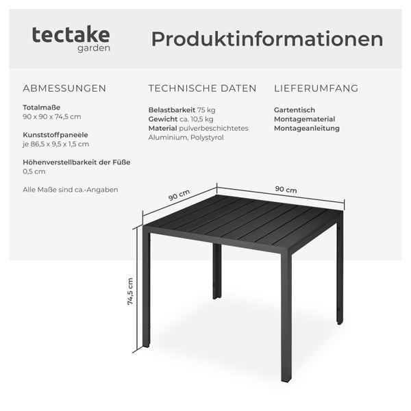 Gartentisch tectake Maren 90 x 90 x 74,5 cm aus Aluminium und Kunststoff schwarz
