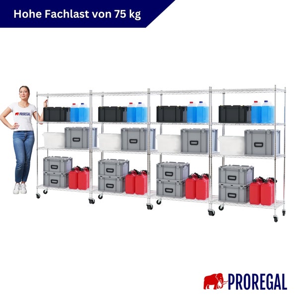 Fahrbares Proregal Metallregal mit vier Segmenten und vier Ebenen, Fachlast 75 Kilogramm pro Boden. Proregal Logo.