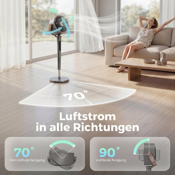 Moderner Standventilator im Wohnzimmer mit 70 Grad horizontaler und 90 Grad vertikaler Neigung für Luftstrom in alle Richtungen.