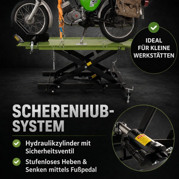 Motorrad-Scherenhubtisch mit Hydraulikzylinder, Sicherheitsventil und Fußpedal für stufenloses Heben und Senken. Ideal für kleine Werkstätten.