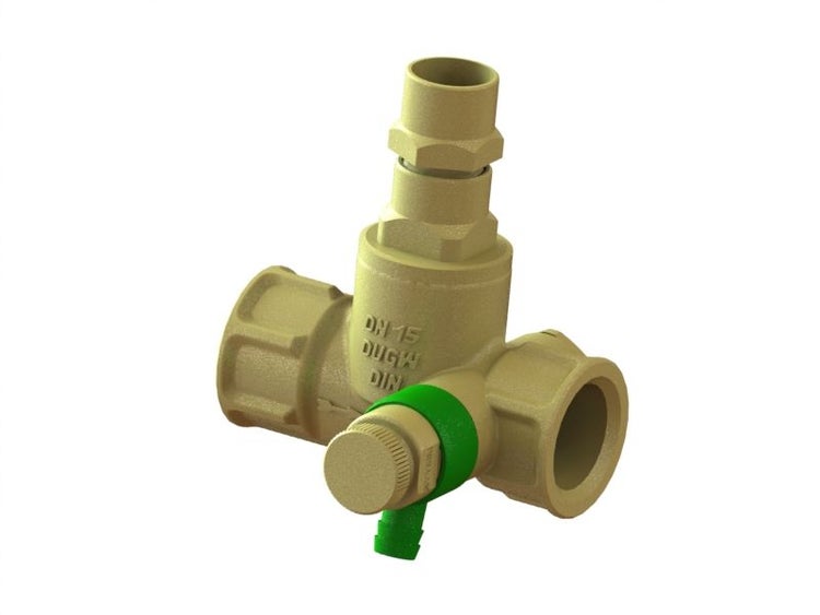 Schrägsitzventil aus Messing Nennweite 15 mit Entleerungsventil und DIN DVGW Prüfzeichen.