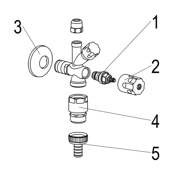 Explosionszeichnung einer Doppel-Zapfarmatur mit nummerierten Einzelteilen wie Rosette, Ventiloberteil und Schlauchanschluss.