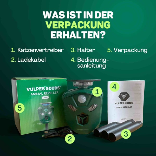Vulpes Goods Katzenschreck - Ultraschall Tierenvertreiber - Tierschreck - Katzenabwehr - Marderabwehr - Abwehrmittel für Katzen, Vögel, Mäuse, Marder - Wasserdicht - 360° - Solar