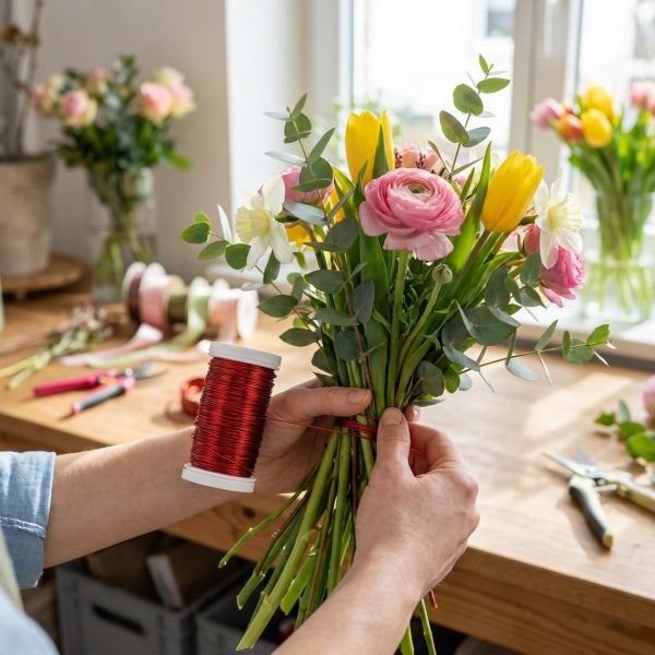Person bindet einen Strauß aus Tulpen und Ranunkeln mit Bindedraht auf einem Arbeitstisch mit Blumenschere und Bändern.