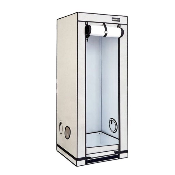 Hohes, rechteckiges Pflanzzelt in Beige mit schwarzen Kanten, Belüftungsöffnungen und weißem, reflektierendem Innenraum.