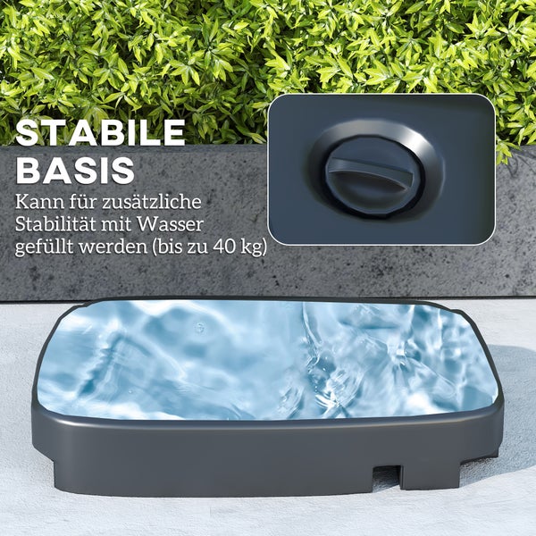 Befüllbarer Standfuß aus schwarzem Kunststoff, kann für Stabilität mit bis zu 40 Kilogramm Wasser gefüllt werden.