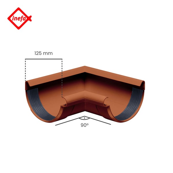 Inefa Logo. Dachrinnen-Innenecke aus Kunststoff, 90 Grad, Nennbreite 125 Millimeter.
